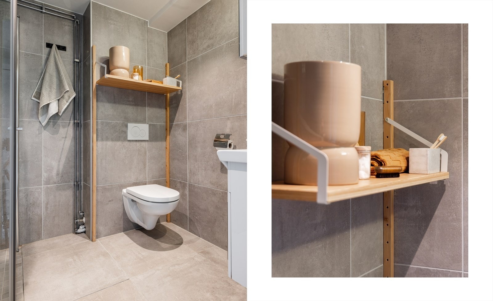 Varmekabler i gulvet sørger for varme føtter. Downlights i himling. Galleribilde