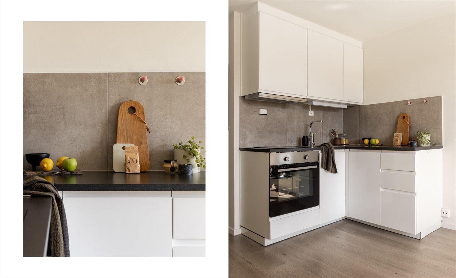 Intregrerte hvitevarer som stekeovn, platetopp, oppvaskmaskin samt kjøl. og fryseskap. Det er montert softclose på alle skuffer. Galleribilde