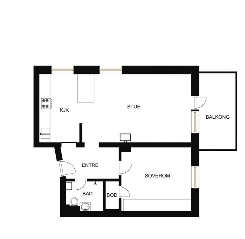 Planskisse. Utover overnevnte areal disponerer leiligheten loftsbod på 4,3 m² og 2 kjellerboder på hhv. 1,8 og 3,7 m². Galleribilde