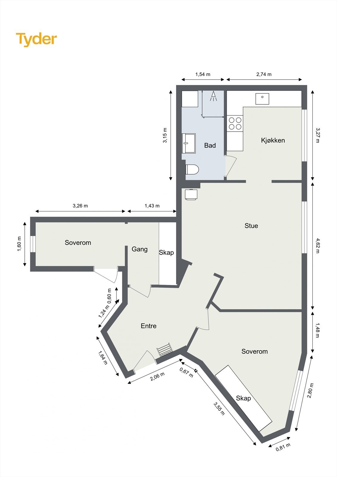 God planløsning med romslig stue, spisekjøkken, baderom, hovedsoverom og soverom 2 med walk-in Galleribilde
