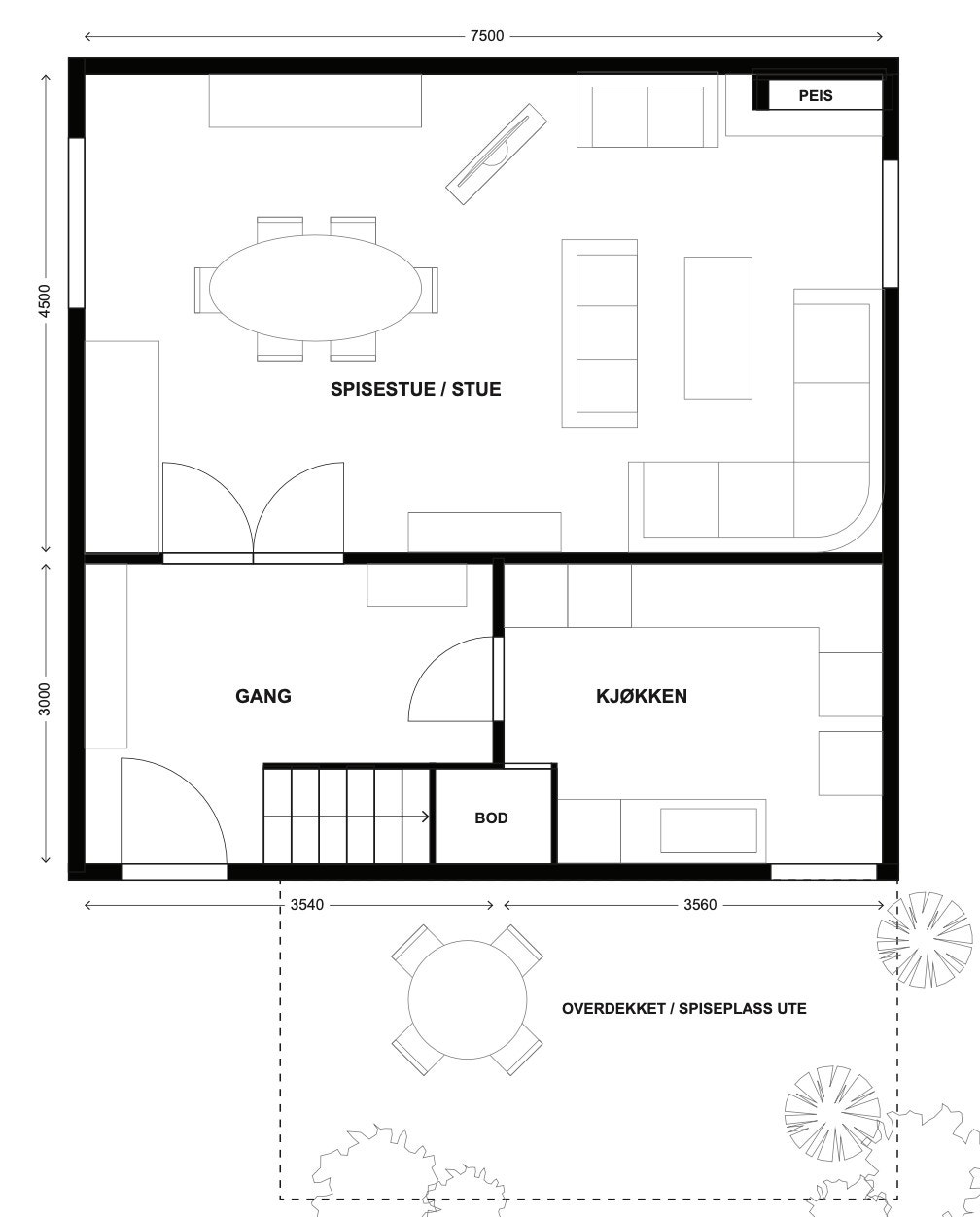 Plantegning, 1. etasje i hovedhuset.
Avvik kan forekomme, og tegningen er ikke målbar. BRA kan ikke beregnes ved benytte tallene pà plantegningen. Galleribilde