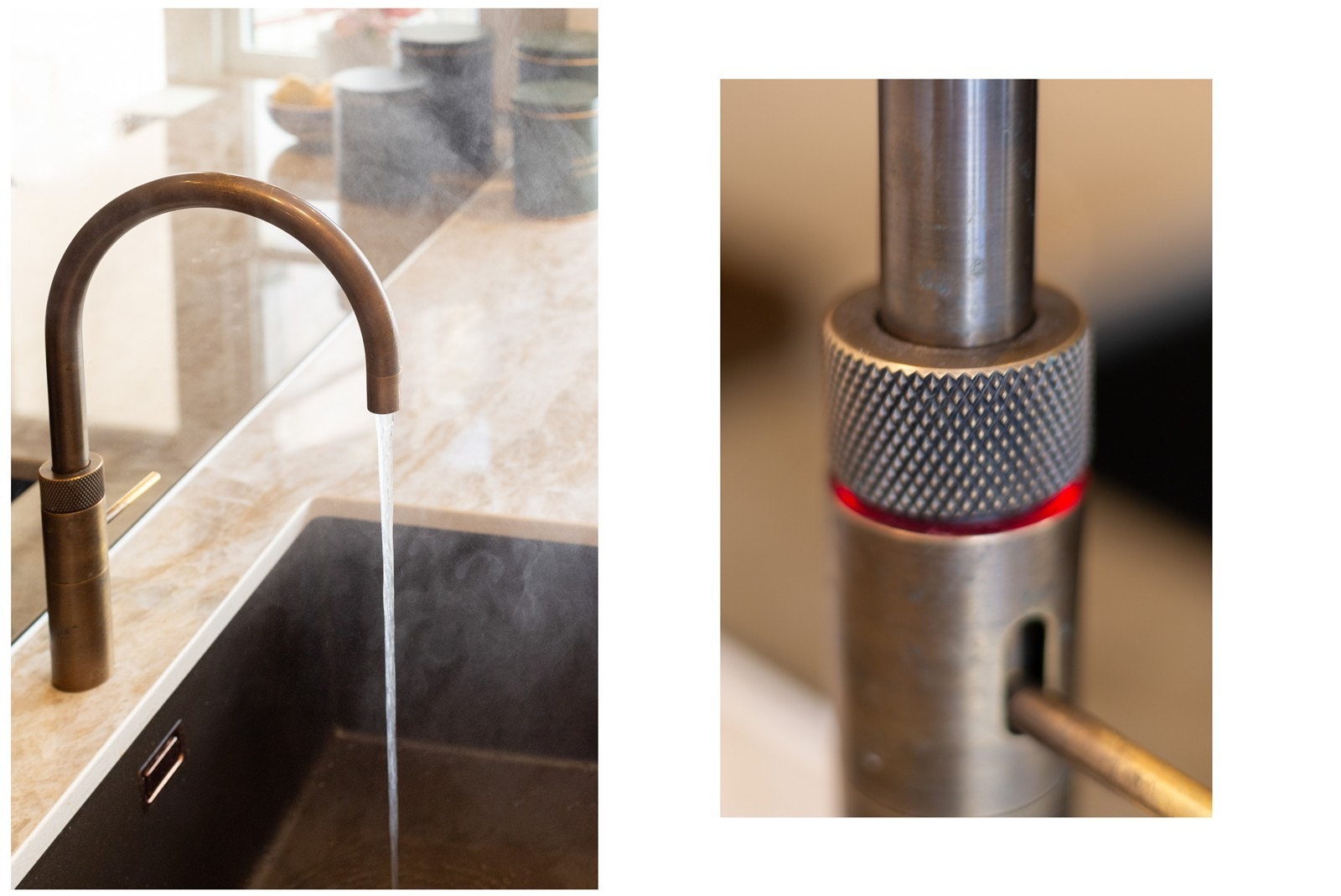 Det er installert lekker kran fra Quooker som gir kokende vann direkte fra springen. Galleribilde