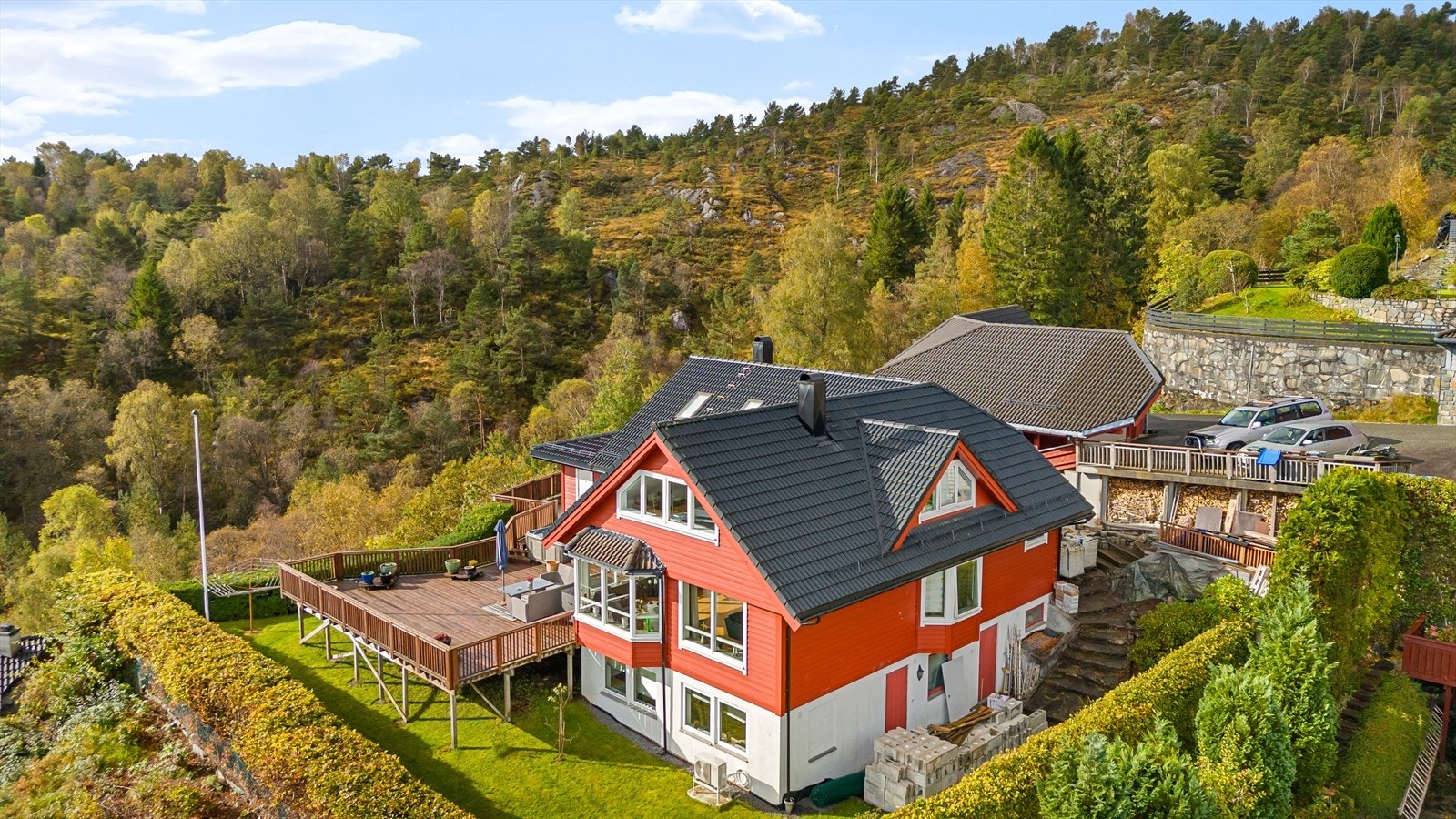 Utearealet består av innkjørsel med parkering, plen, terrasse, murer og div beplanting. Galleribilde