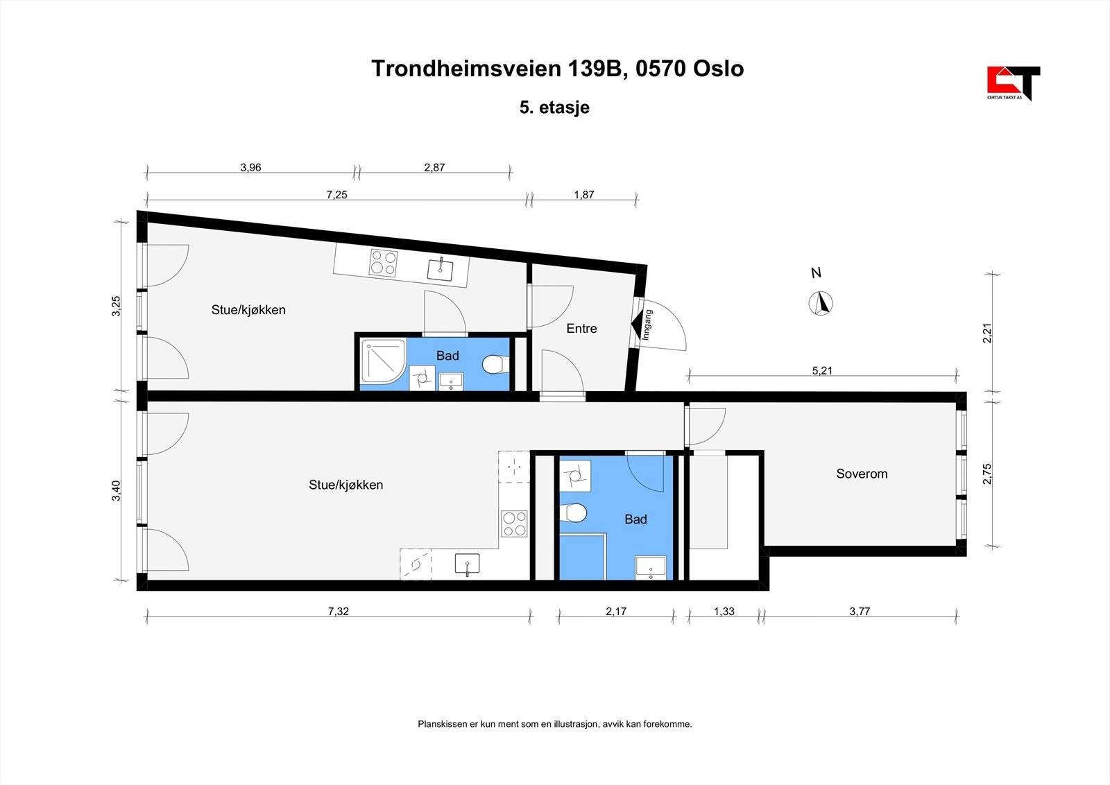Leiligheten kan brukes som 3-roms med to bad eller som en 2-roms med 1-roms utleiedel. Dette byr på stor økonomisk trygghet. Galleribilde