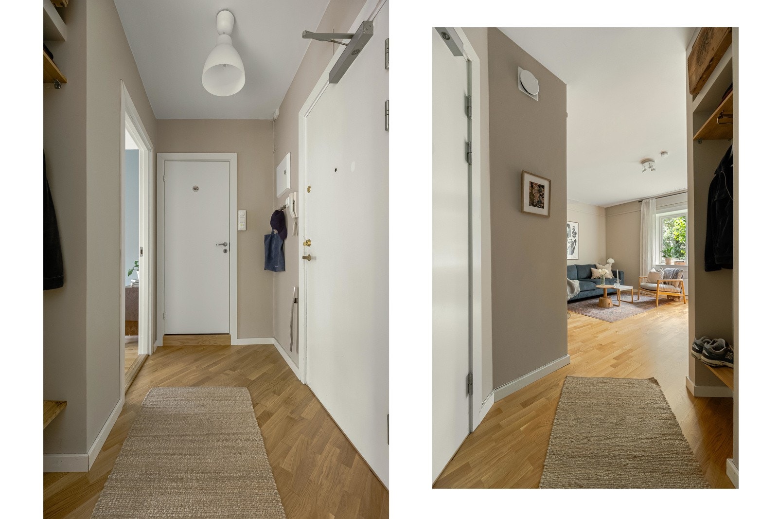 Leilighetens entré er innbydende og binder rommene fint sammen. Herfra finner vi også inngang til soverom og badet. Galleribilde