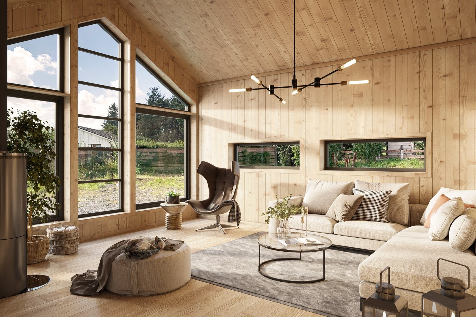 Stue med store vindusflater og peisovn Galleribilde