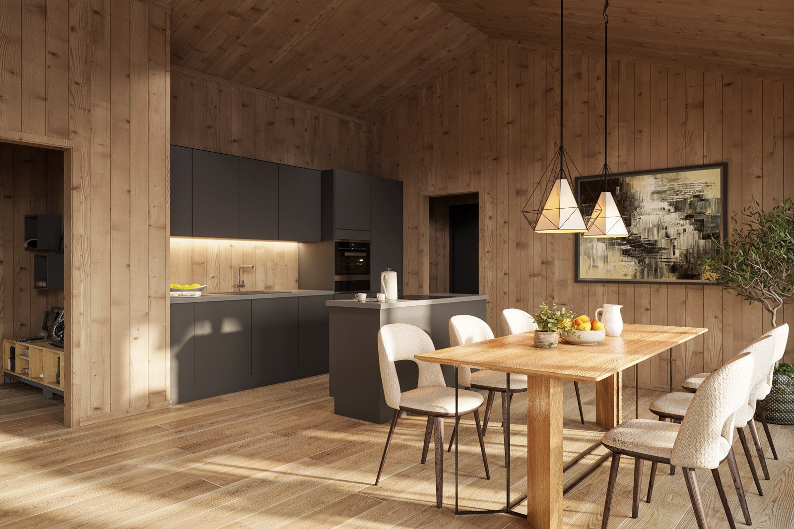 Åpen kjøkkenløsning mot stue med plass til langbord Galleribilde