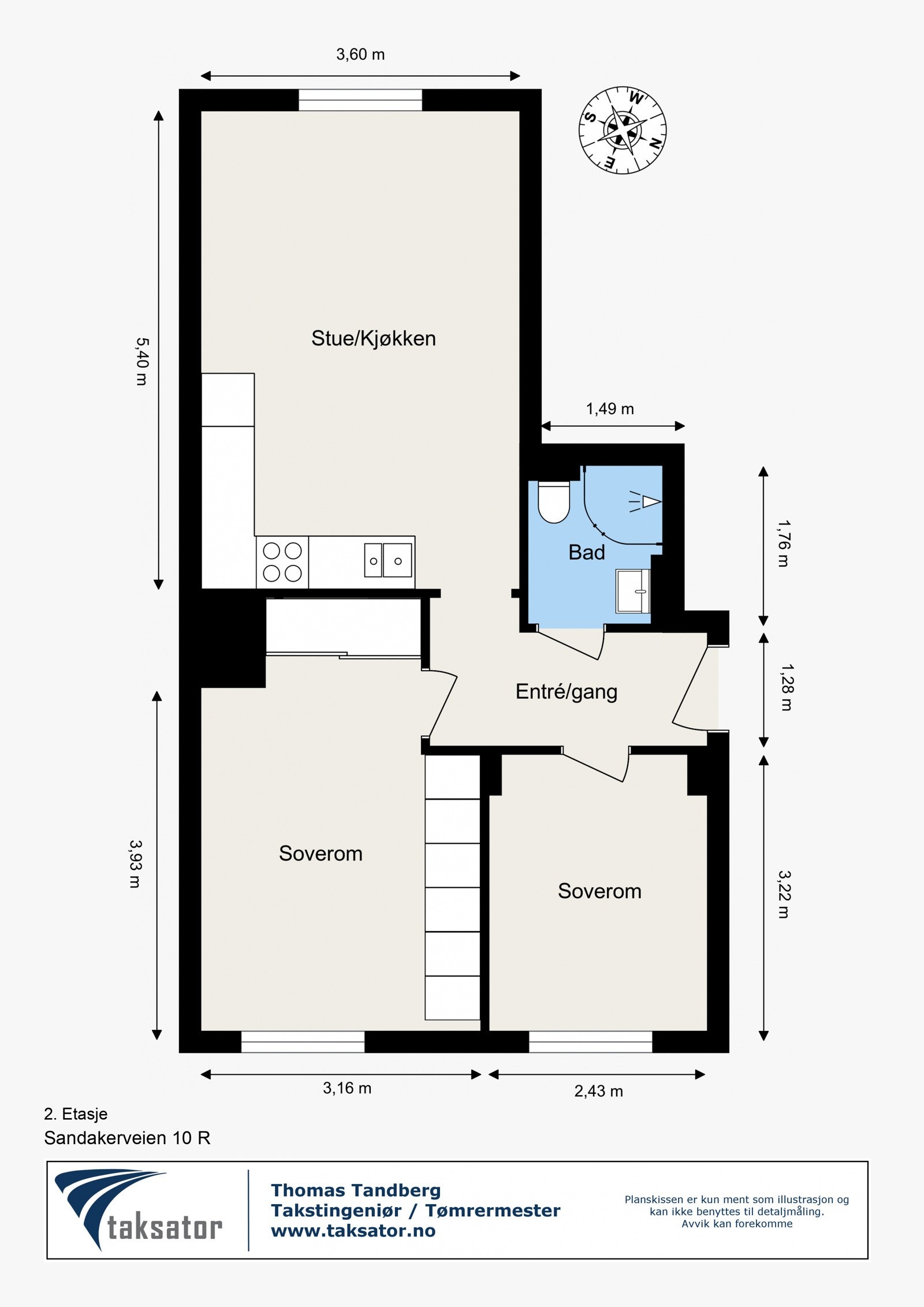 Leiligheten har en gjennomgående og smart planløsning som inneholder entré/gang, åpen stue- og kjøkkenløsning, tidløst baderom og to fine soverom. Galleribilde
