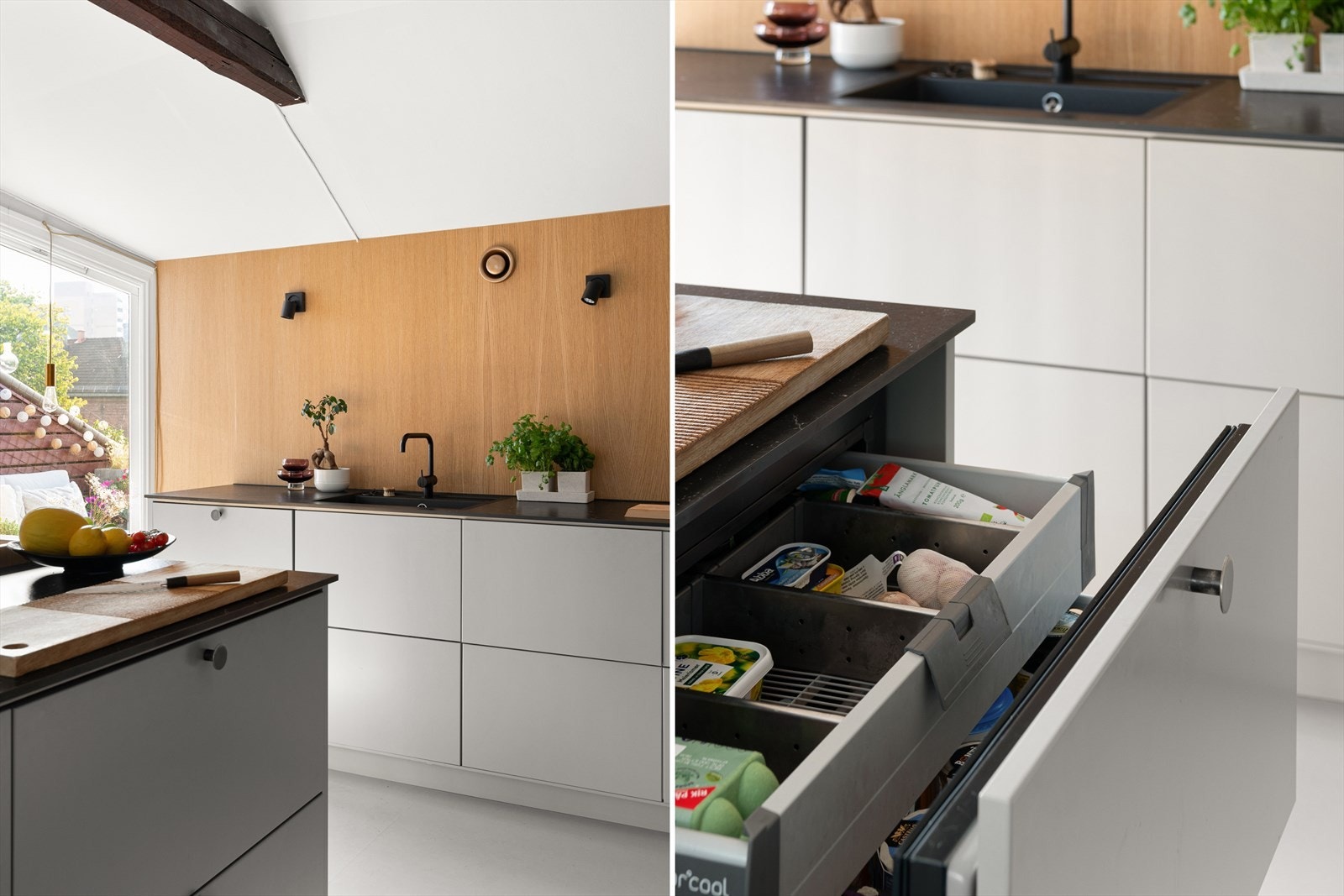 Det er to integrerte kjøleskuffer, integrert komfyr med induksjons platetopp og oppvaskmaskin. Galleribilde