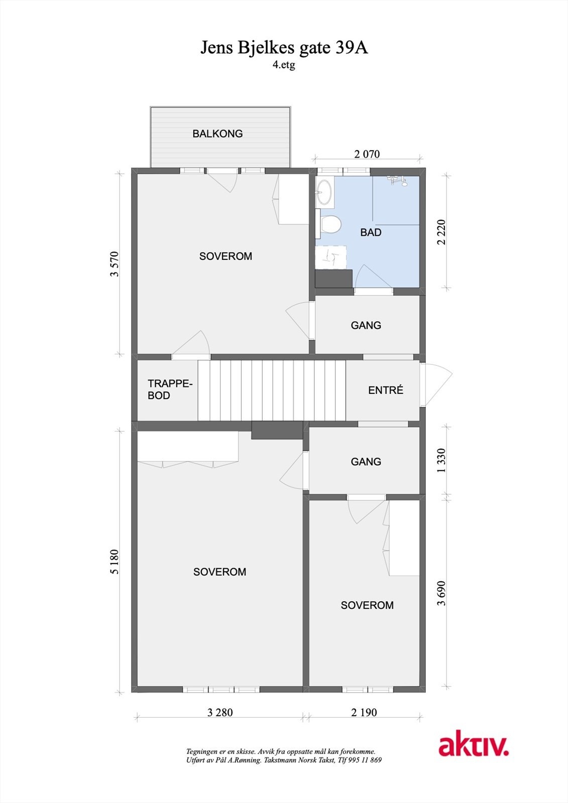 Planskisse 4.easje. I tillegg disp. leiligheten en kjellerbod med gulvareal på ca. 7,1 m2, en loftsbod på ca. 7,3 m2 samt en bod i trappoppgang på ca. 3,7 m2 som deles med nabo. Det er også en bod ifm. takterrasse på ca. 5,8 m2. Galleribilde