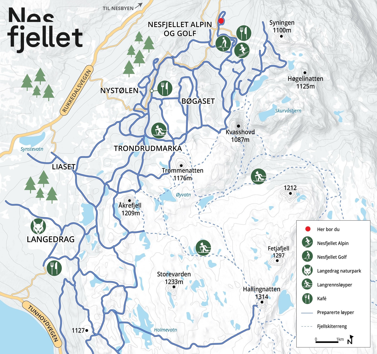 Oversikt over langrennsløyper - Nesfjellet Vest er markert med rød prikk Galleribilde