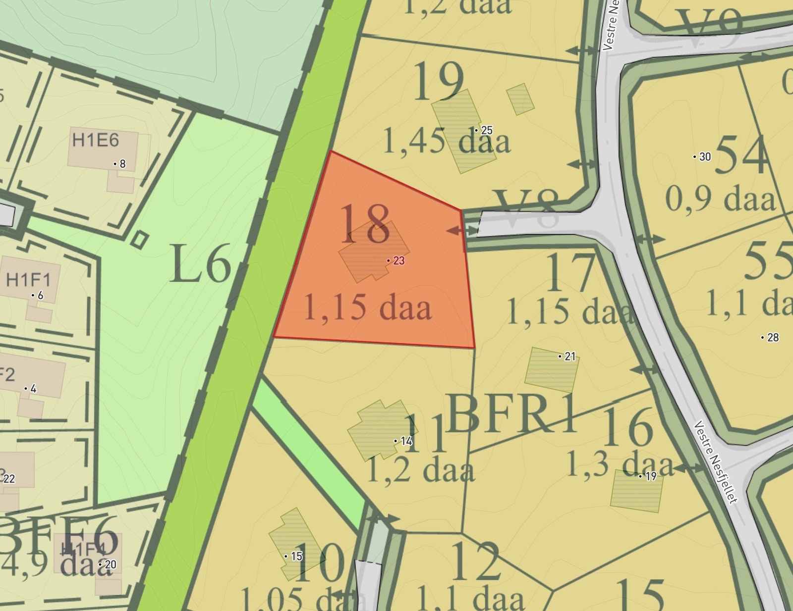 Utdrag fra reguleringskart - tomten har en meget fin plassering på et høydedrag, hvor hytta er vinklet mot skiløypa og utsikten Galleribilde