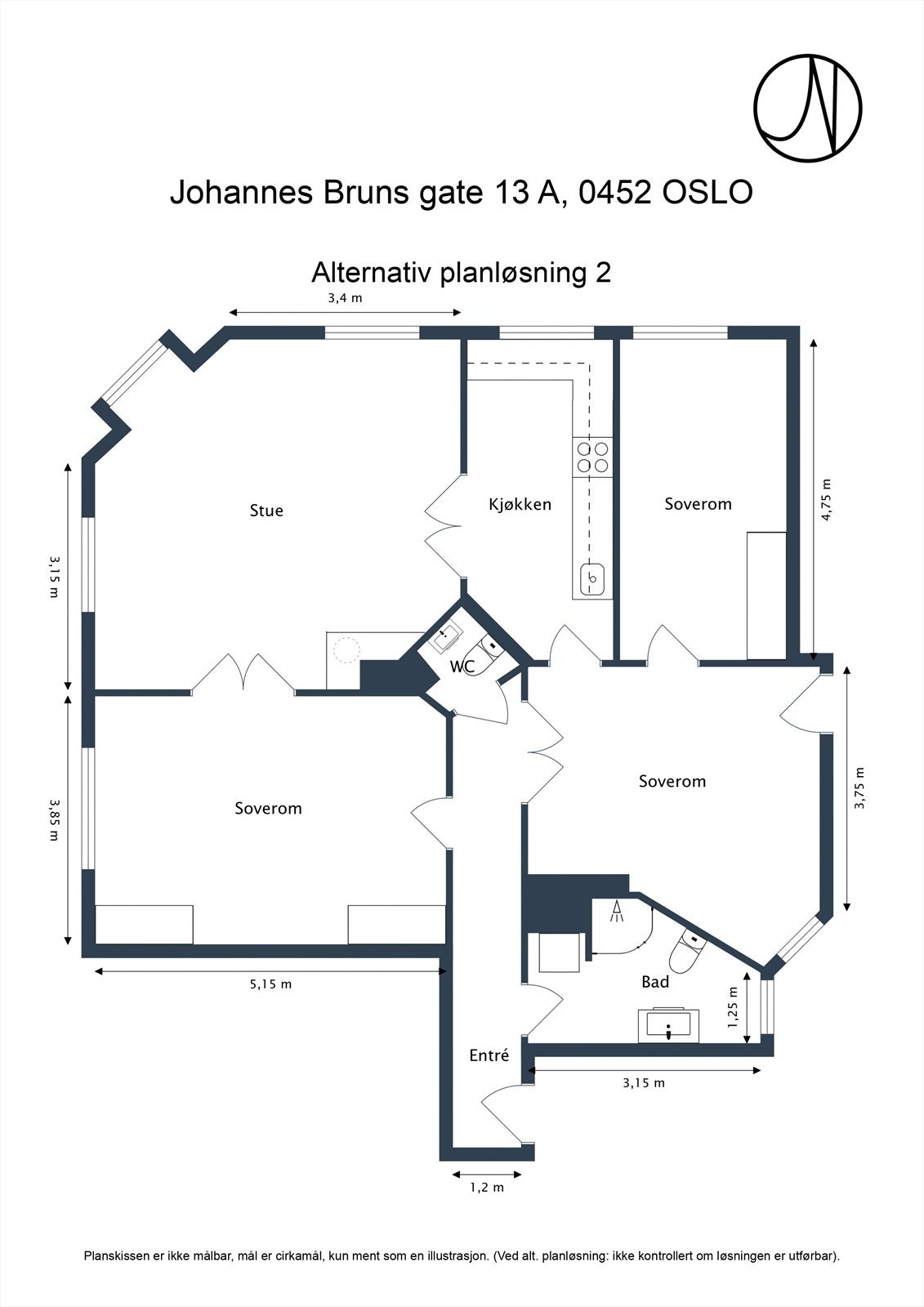 Alternativ planløsning nr. 1. Dette er bare en skisse, og megler tar ikke ansvar for at dette kan gjennomføres. Galleribilde