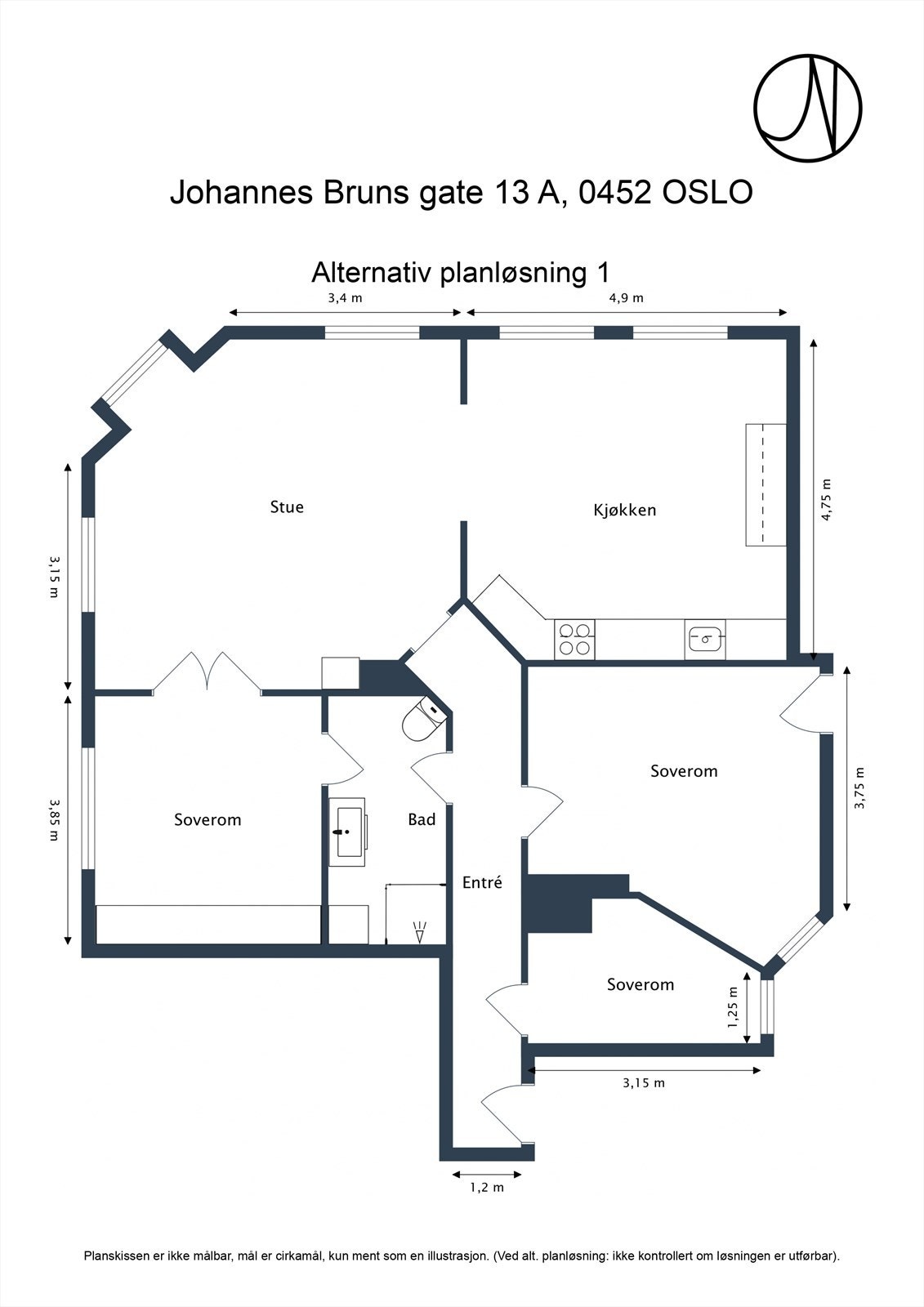 Alternativ planløsning nr. 2. Dette er bare en skisse, og megler tar ikke ansvar for at dette kan gjennomføres. Galleribilde