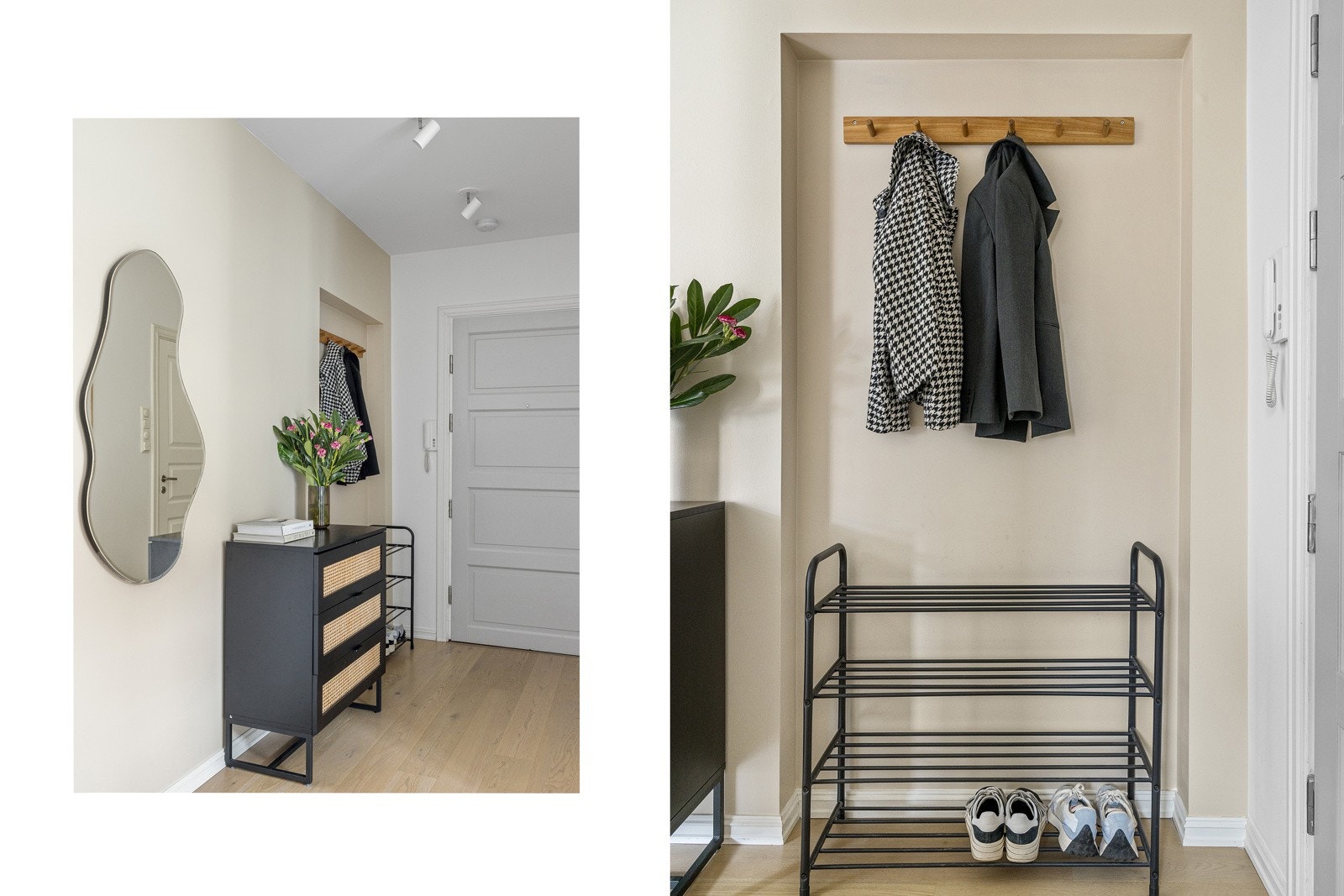 Innbydende entré som gir et godt førsteinntrykk av boligen, med rikelig plass til oppheng av yttertøy og sko. Dørcallinganlegg med porttelefon er praktisk plassert i entréen, og sikringsskapet er plassert i felles trappeoppgang Galleribilde