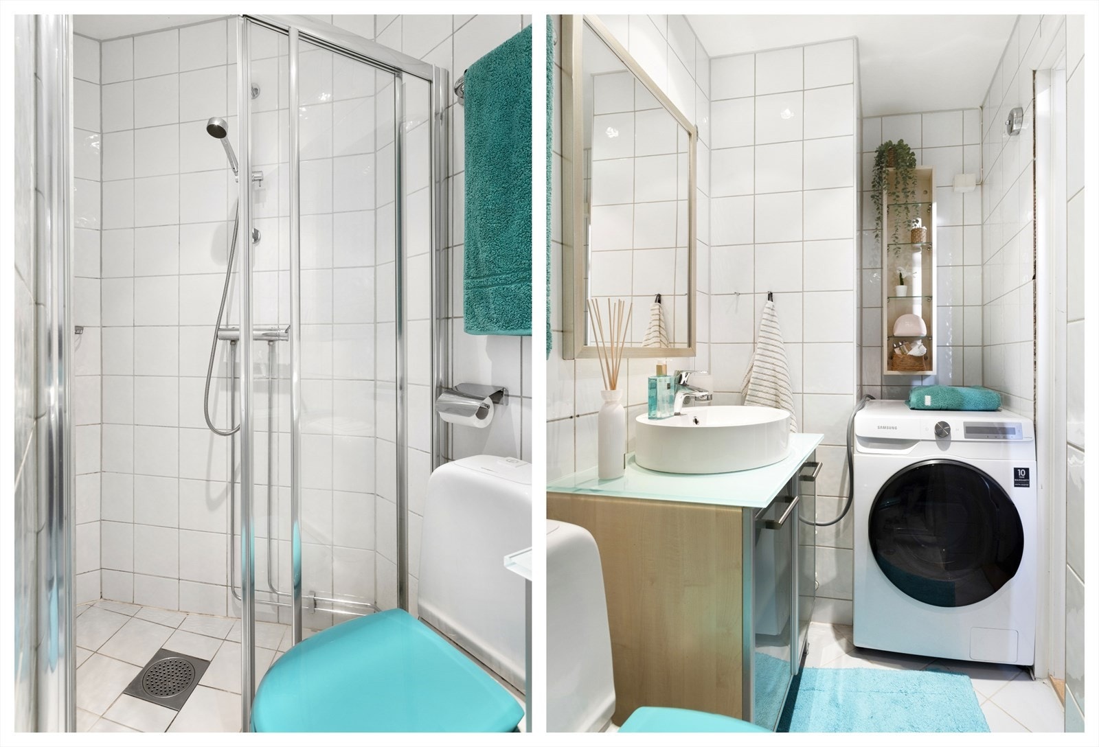 Bad fra 2004 med flislagte vegger, flislagte gulv med elektriske varmekabler og malt himling. Rommet er innredet med servantskap med montert servant og ett-greps blantebatteri med speil på vegg med belysning. Galleribilde