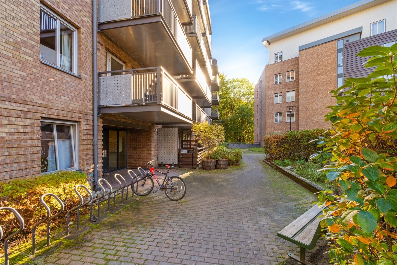 Hyggelig inngangsparti med sykkelparkering Galleribilde