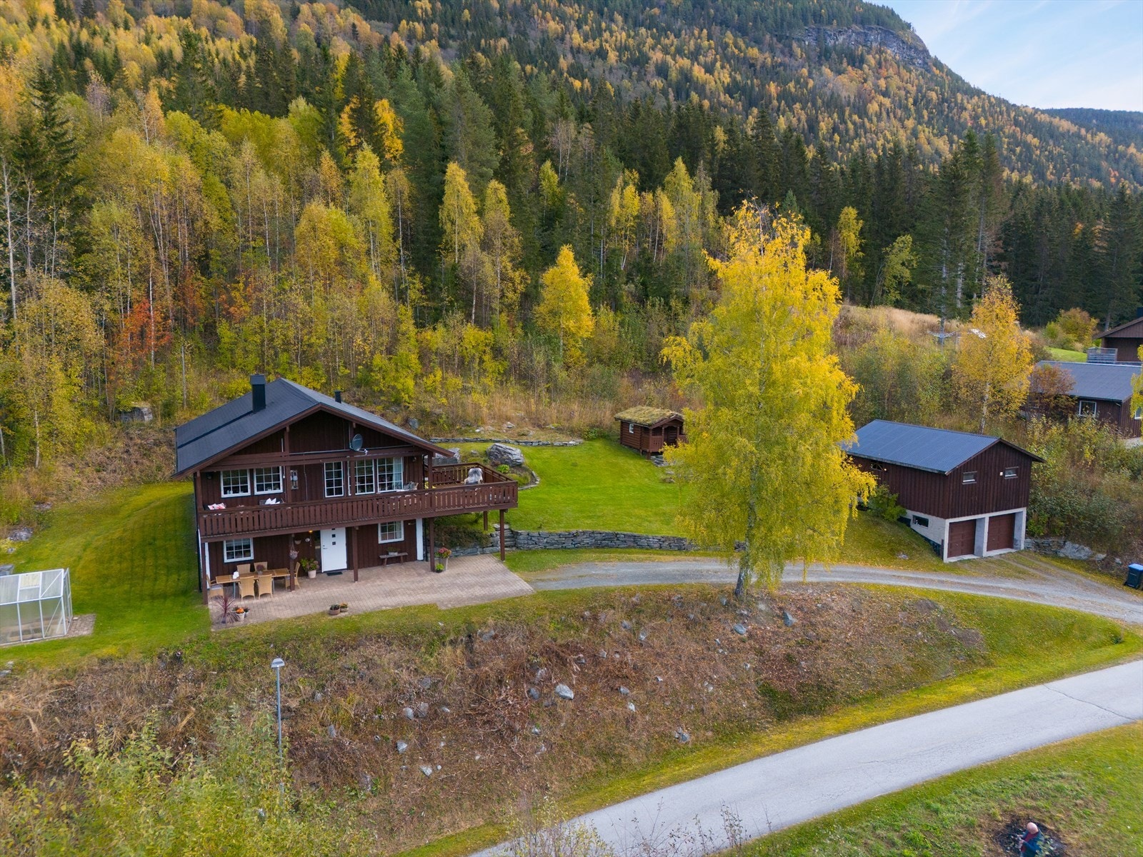 Eiendommen er bebygget med enebolig, stabbur og dobbel garasje med rom over. I dag er dette benyttet som bakstrom. Galleribilde