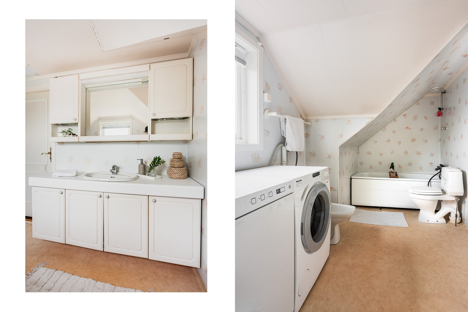 Badet oppe er innredet som kombinert vaskerom, og har blant annet toalett, bidé og badekar. Galleribilde