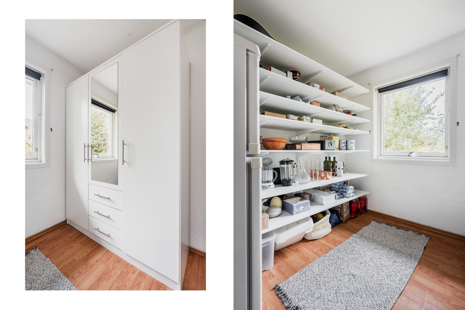 Et rom nede er brukt som bod og innredet med hyller og garderobeskap. Galleribilde