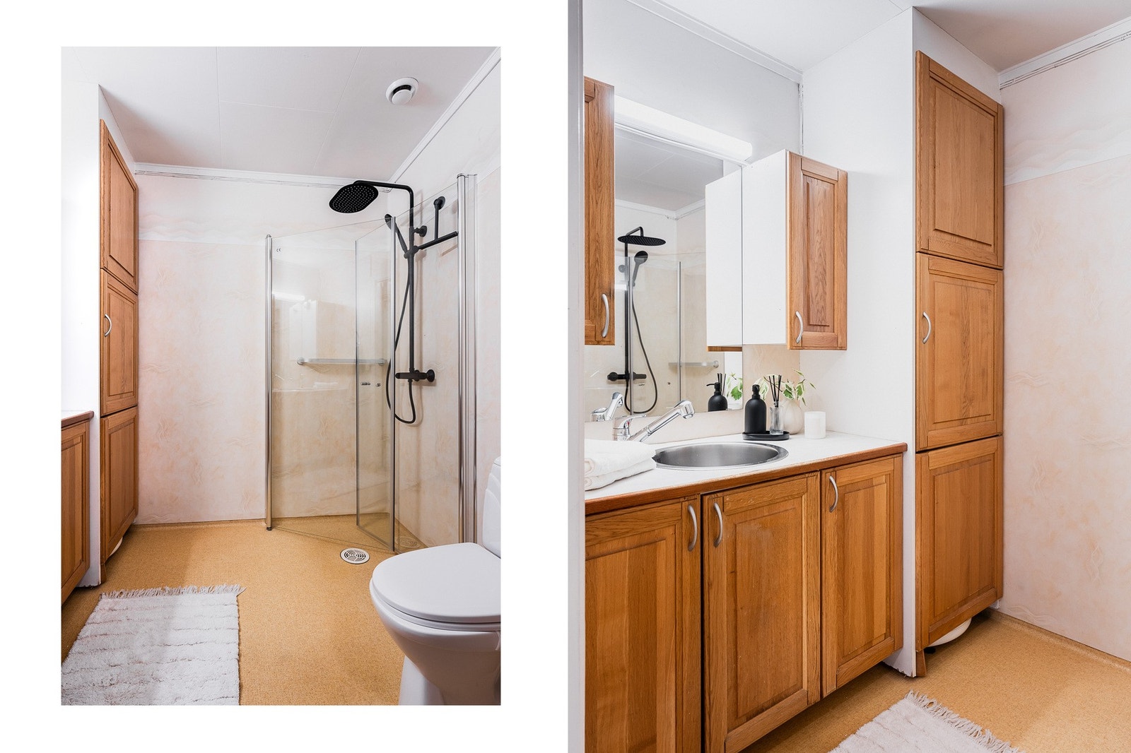 Badet i første etasje har moderne dusjhjørne med innfellbare dusjdører og sort regnfallsdusj. Galleribilde