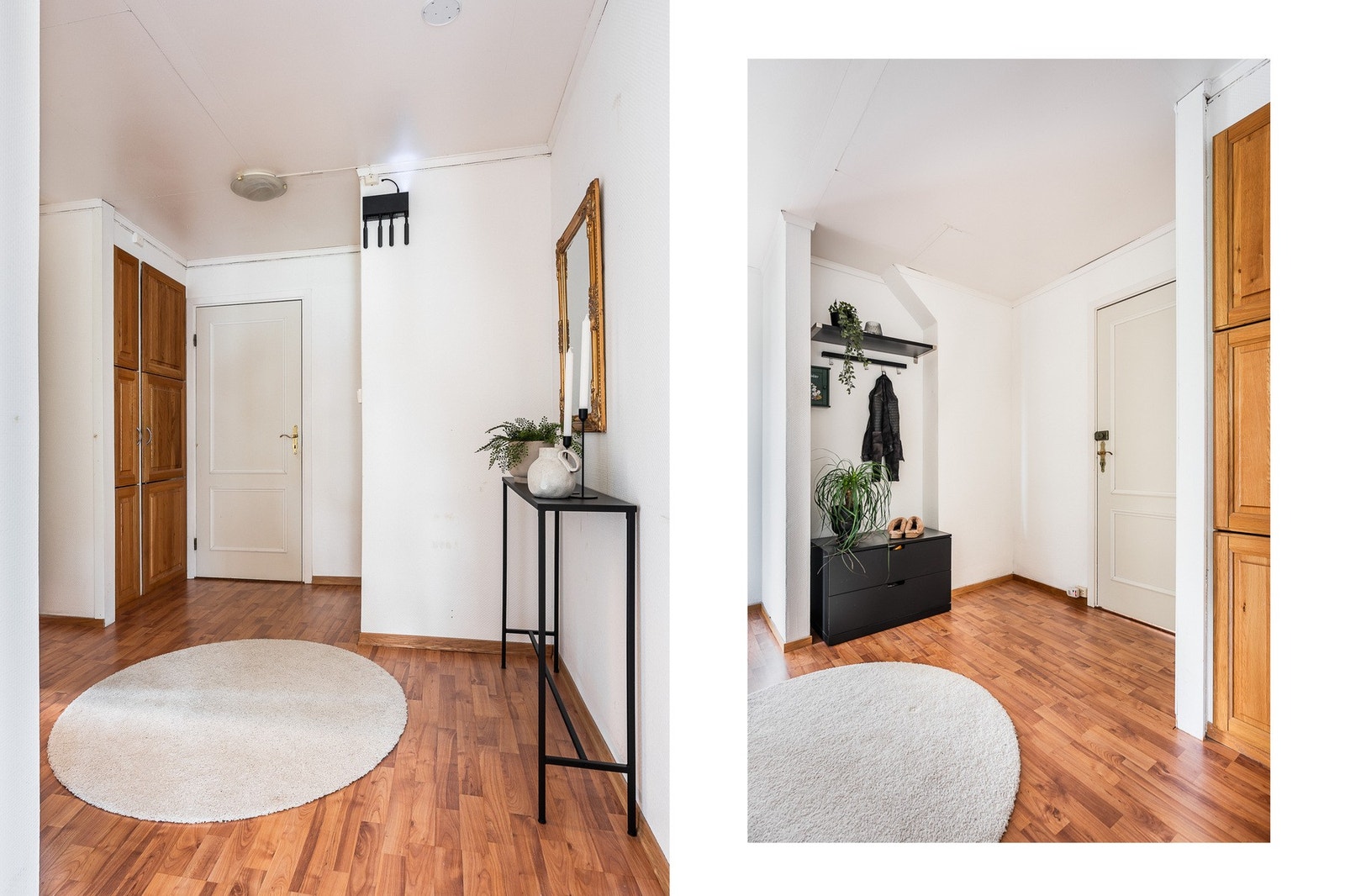 Gangen har plassbygde garderobeskap og inngang til bod med ytterligere garderobeløsninger. Gangen har garderobenisje, innebygd garderobeskap og plass til andre møbler. Galleribilde