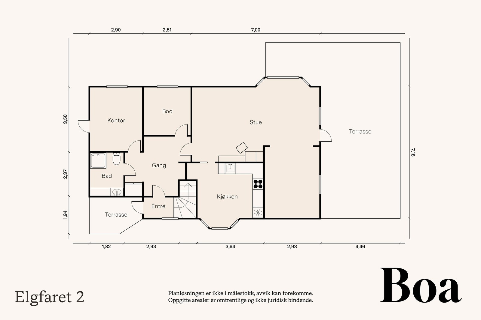 1. etasje: Entré, hall, stue, spisestue, kjøkken, bad, kontor og bod. Galleribilde