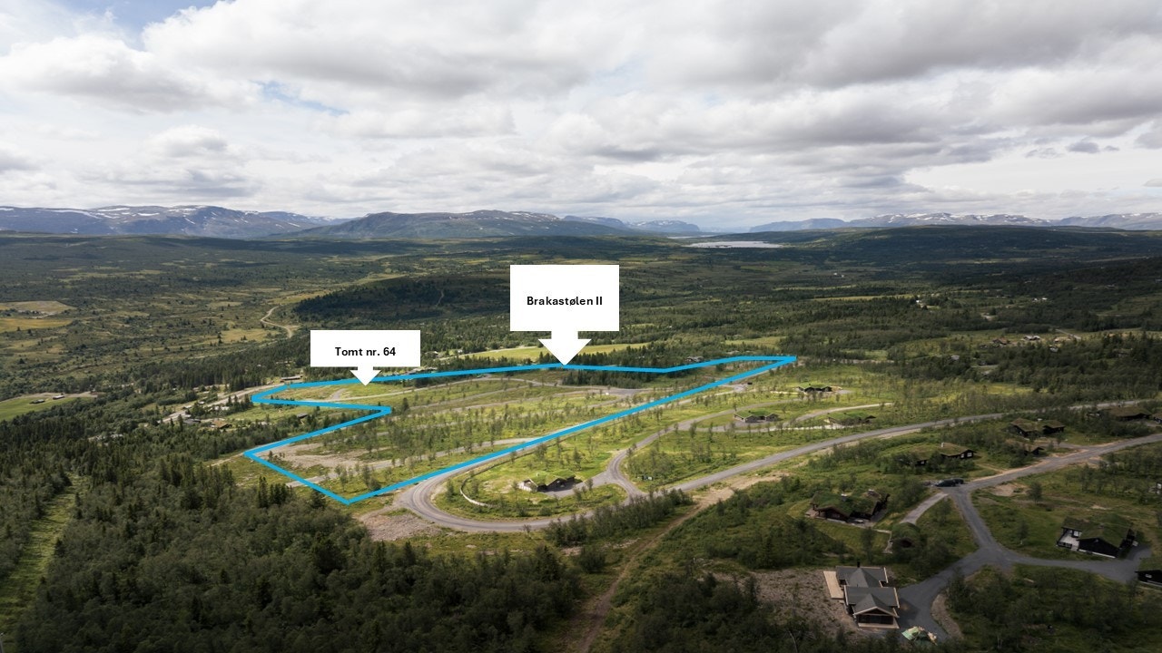 Oversiktsbilde av hyttefeltet Brakastølen II, og med plassering av tomt 64 Galleribilde