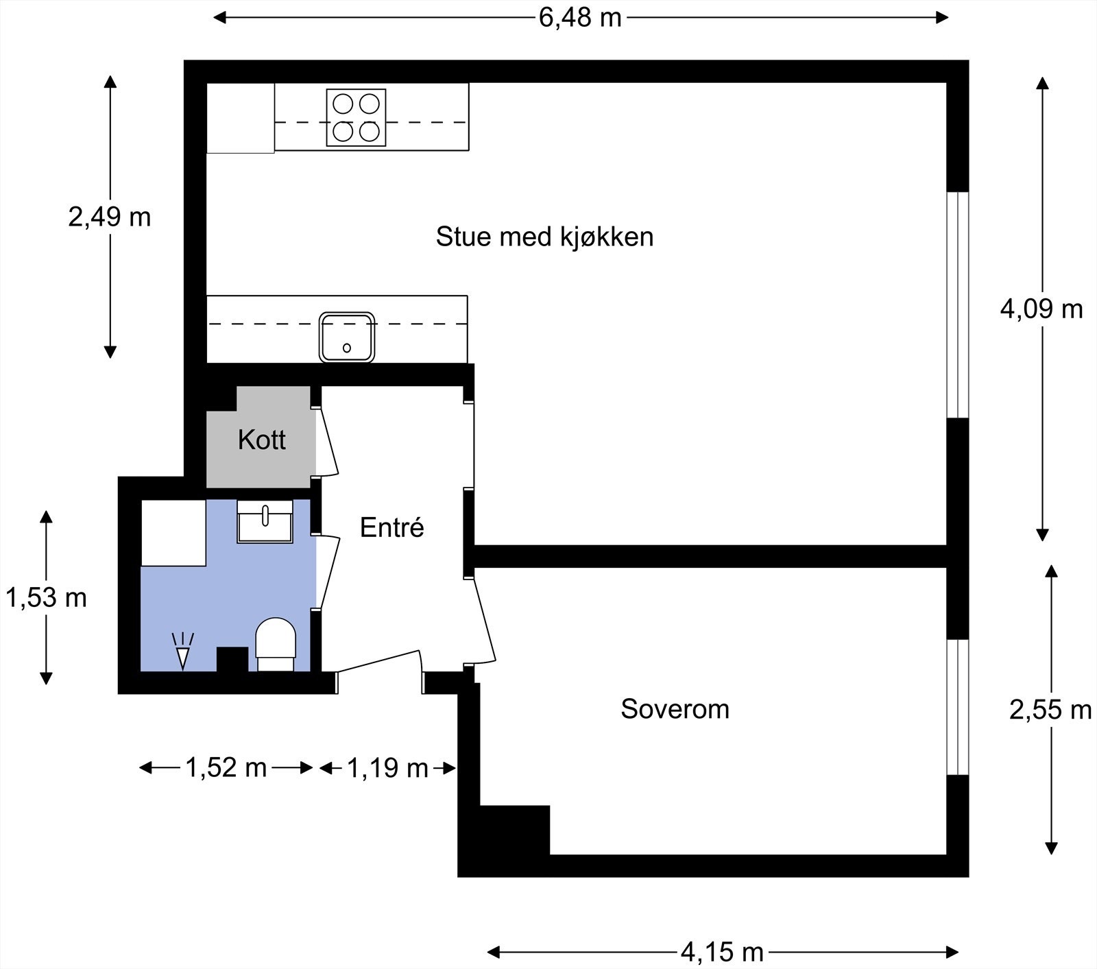 Plantgening fra takstmann. Leiligheten har en gjennomtenkt planløsning med entré, stue og kjøkken, soverom, bod og bad. Kjellerbod for lagring. Galleribilde