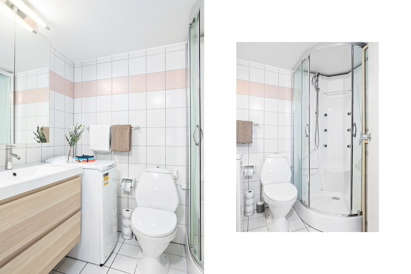 Flislagt badrom på 3,5kvm med varme i gulv, opplegg for vaskemaskin servant i skap, dusj og wc. Galleribilde