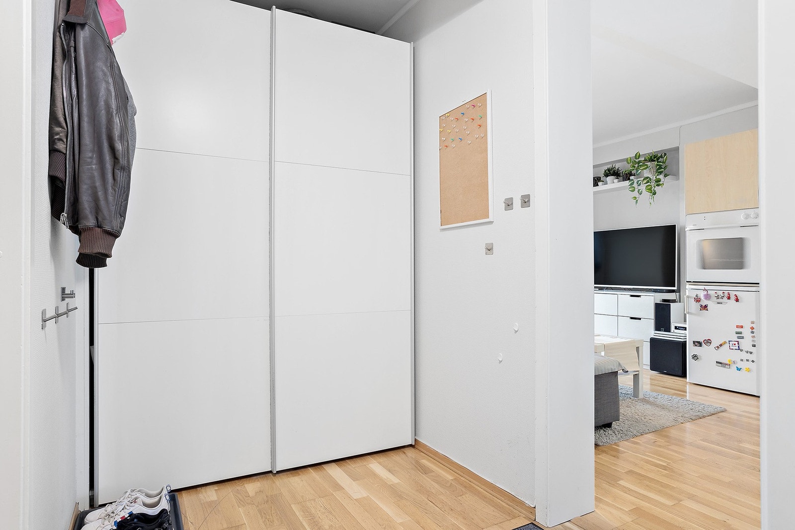 Hyggelig førsteinntrykk med en romslig gang med plass til garderobeskap. På venstre hånd finner du baderommet og stue/kjøkken/sov på høyre hånd. Galleribilde