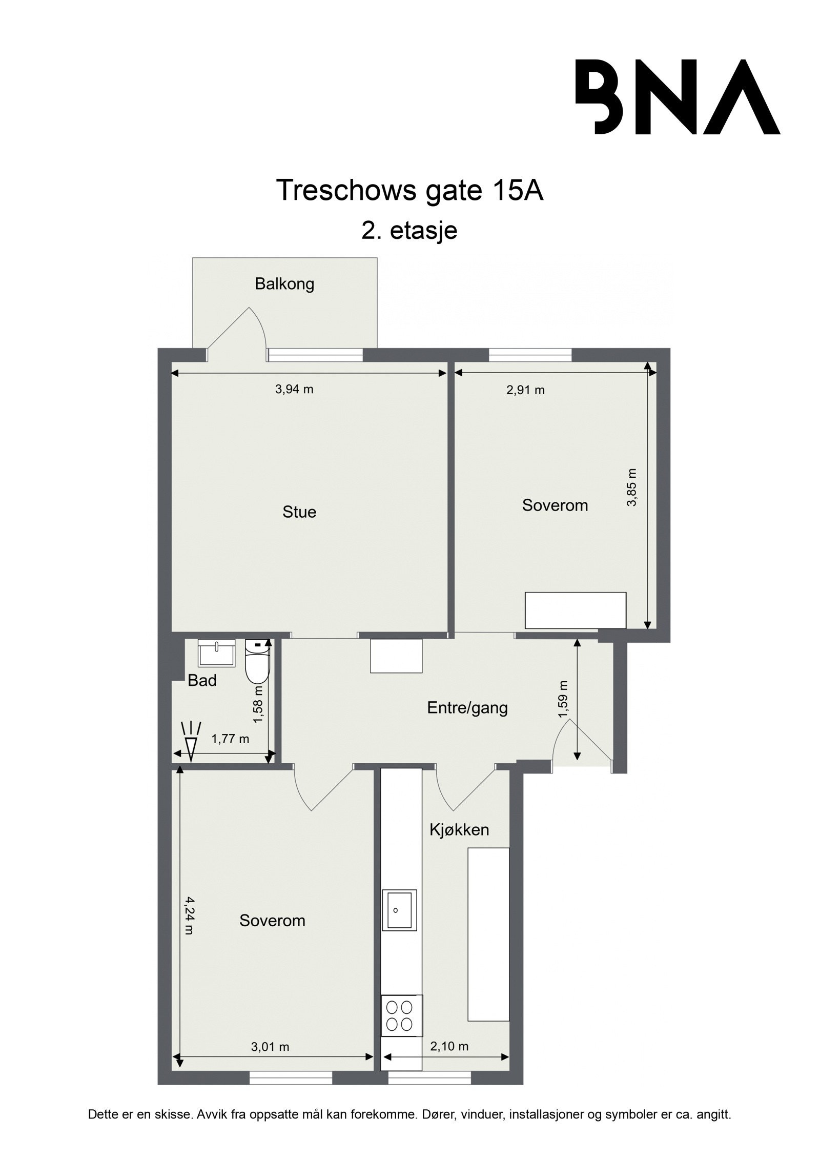 Plantegning. Leiligheten disponerer også en kjellerbod på ca. 4 kvm og en loftsbod på ca. 9 kvm Galleribilde
