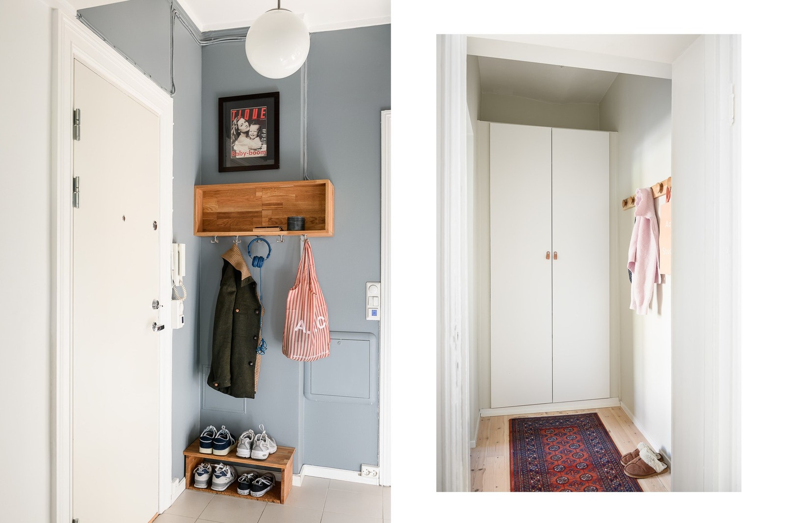 Entreen har dørcalling ved ytterdøren og en smart hylle med oppheng til tøy. Galleribilde