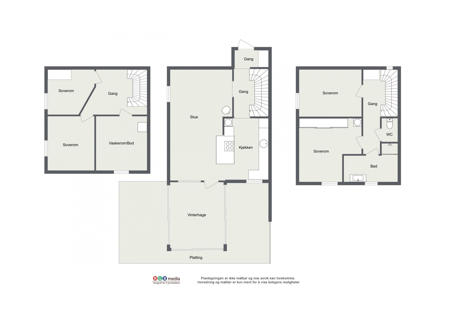 Plantegning alle tre etasjeplan. Galleribilde