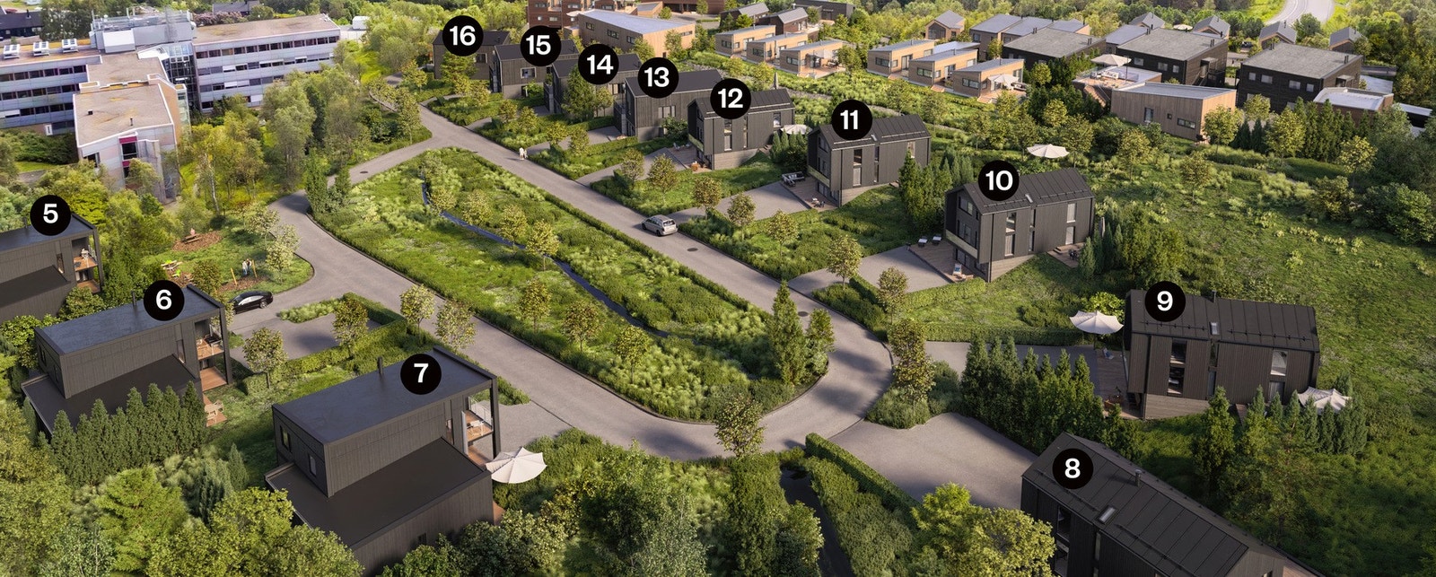 Visualisering av tomtene. Boligene som er tegnet er kun ment for å illustrere muligheter Galleribilde