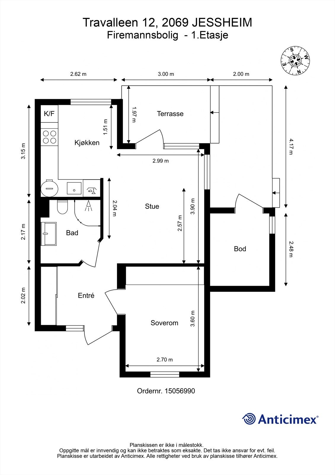 Plantegning med himmelretning og innvendige mål. Galleribilde