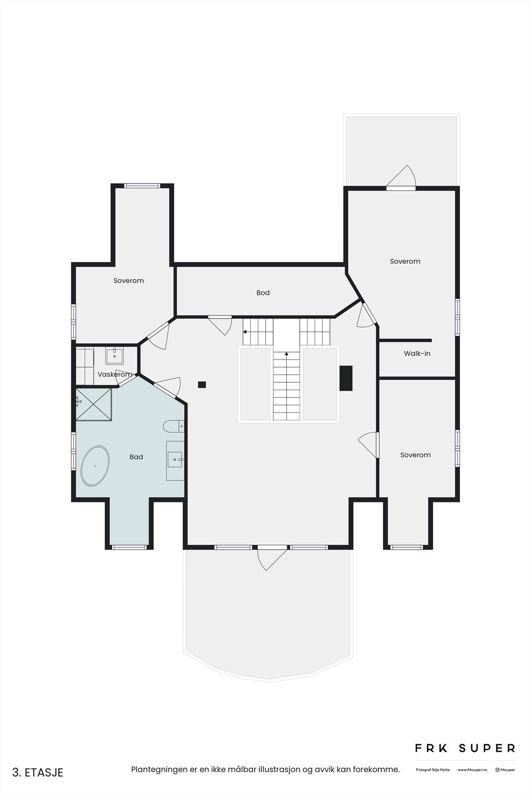 Planskisse 2 etasje av hoveddelen av boligen. Totalt areal denne etasje 119 m² BRA-i. Inneholder: Stue m/trapp , Bad/wc , 3 stk. soverom, Bod , Vaskerom Galleribilde