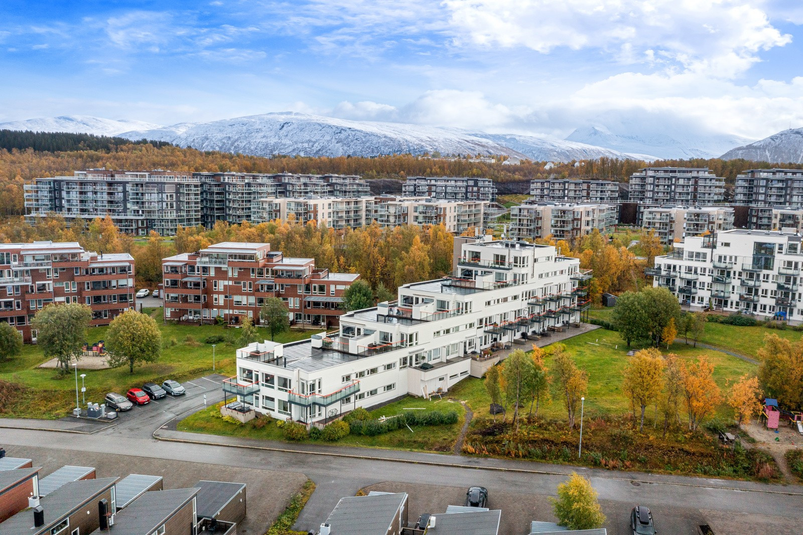 Utendørs gjesteparkering og trivelige grøntarealer som omkranser boligene.