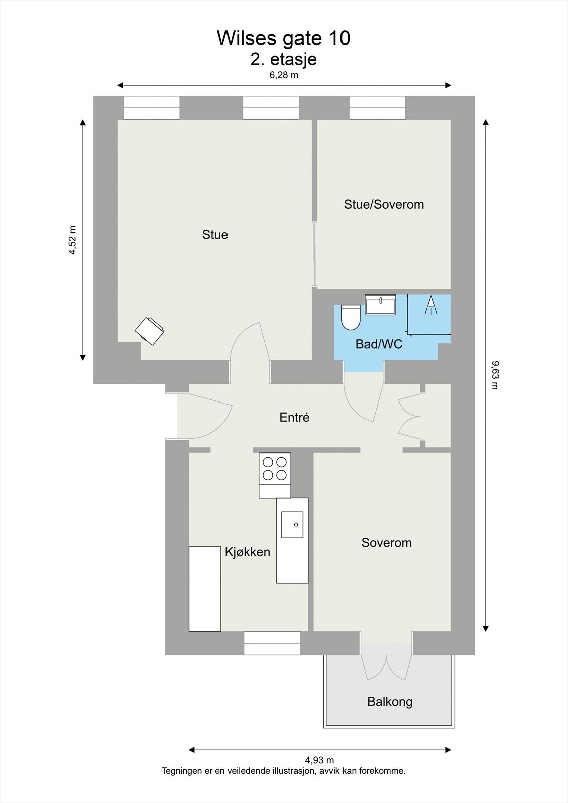 Leiligheten ligger i 2.etasje og består av: Entré/gang, kjøkken, bad, innvendig bod, stue, stue/soverom, og et soverom. Galleribilde