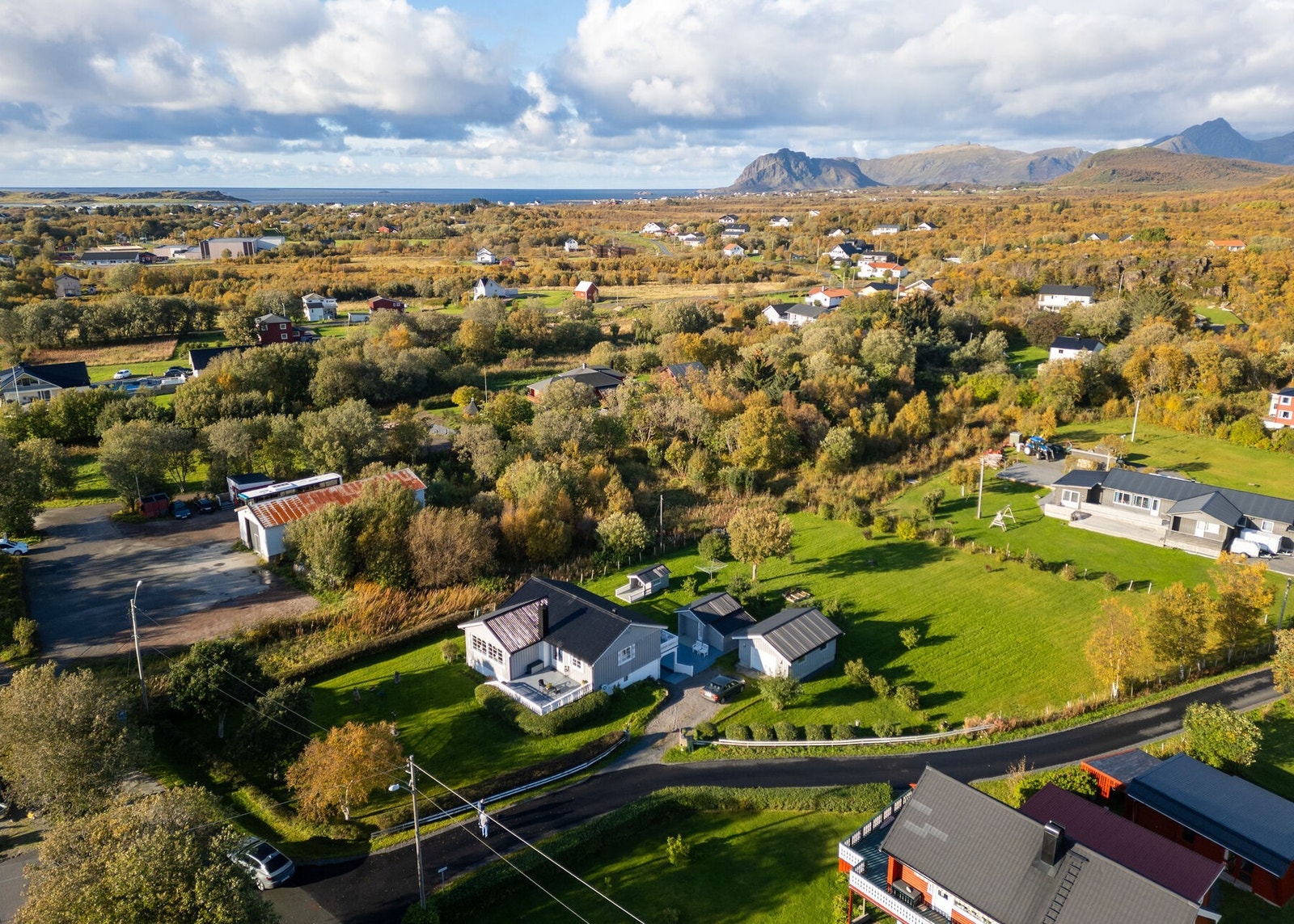 Eiendommen sett fra lufta og nærområdet rundt. Galleribilde
