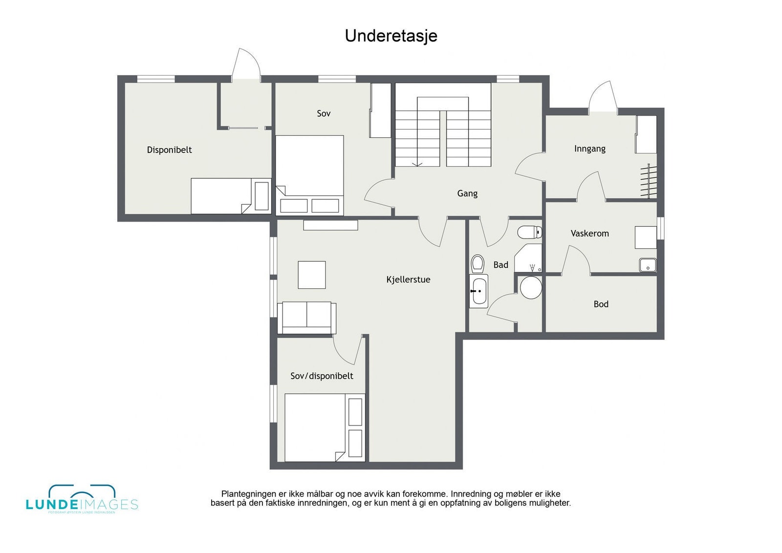 Plantegning underetasje - ikke målbar - underetasjen har et BRA-i på 96 kvm og BRA-e på 13 kvm. Galleribilde