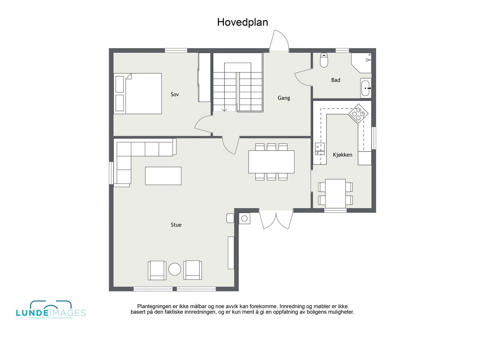 Plantegning hovedplan - ikke målbar - hovedplanet har et BRA-i på 98 kvm. Galleribilde