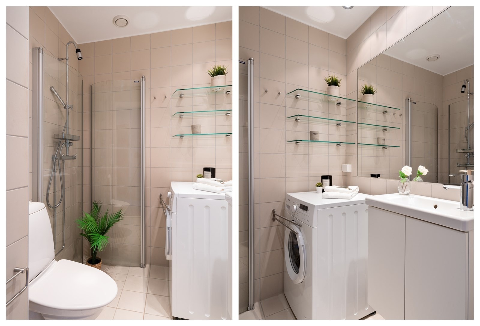 Badet er innredet med servantinnredning, servant med ettgreps blandebatteri, dusjdører, dusjarmatu,r frittstående klosett og opplegg og plass til vaskemaskin. Ventilasjon gjennom oppdriftsventil og tilluft fra spalte under dør. Galleribilde