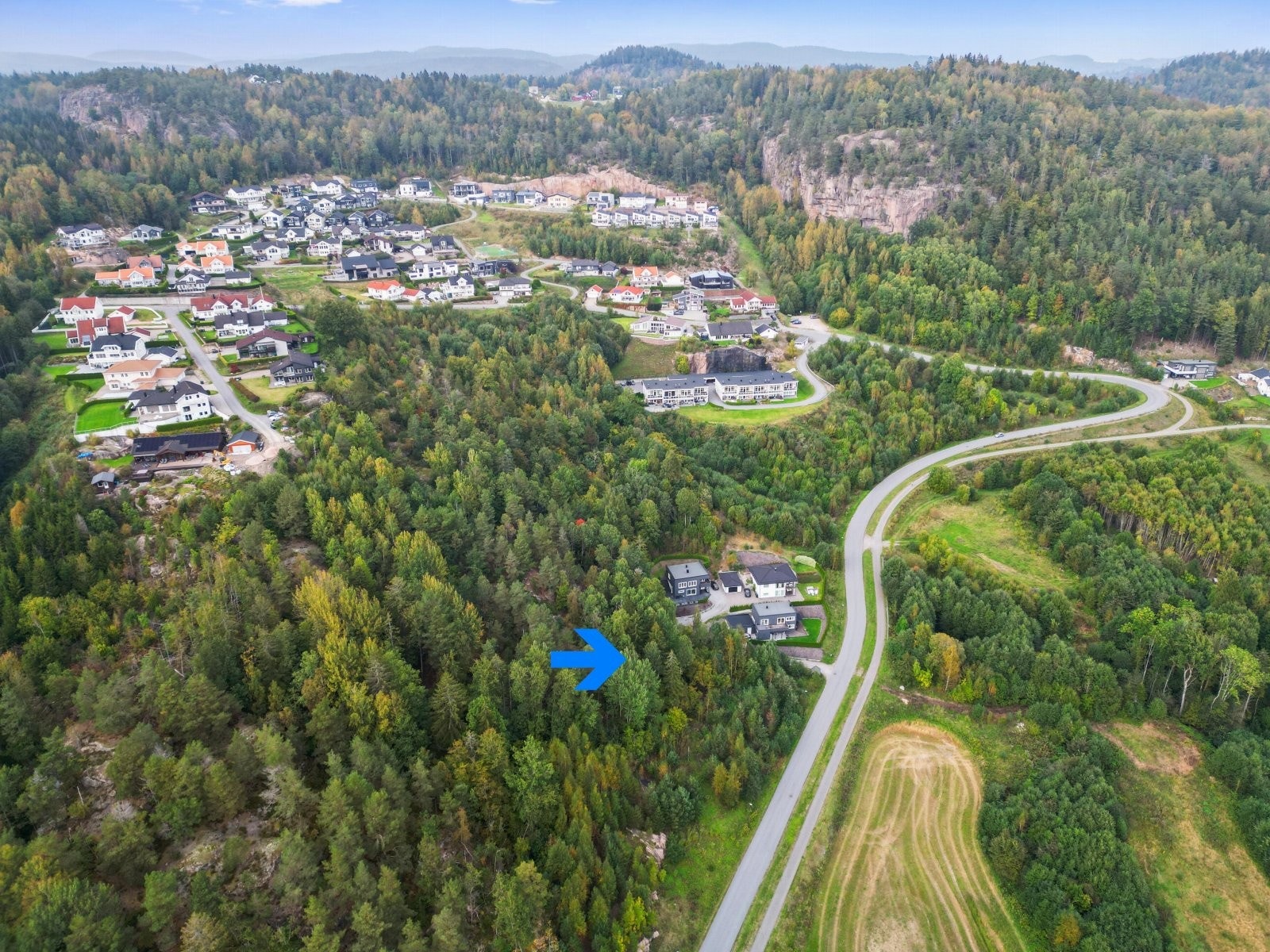 Oversiktsbilde over tomta og området | blå pil viser plasseringen av tomten (se også situasjonskart tomt B) Galleribilde