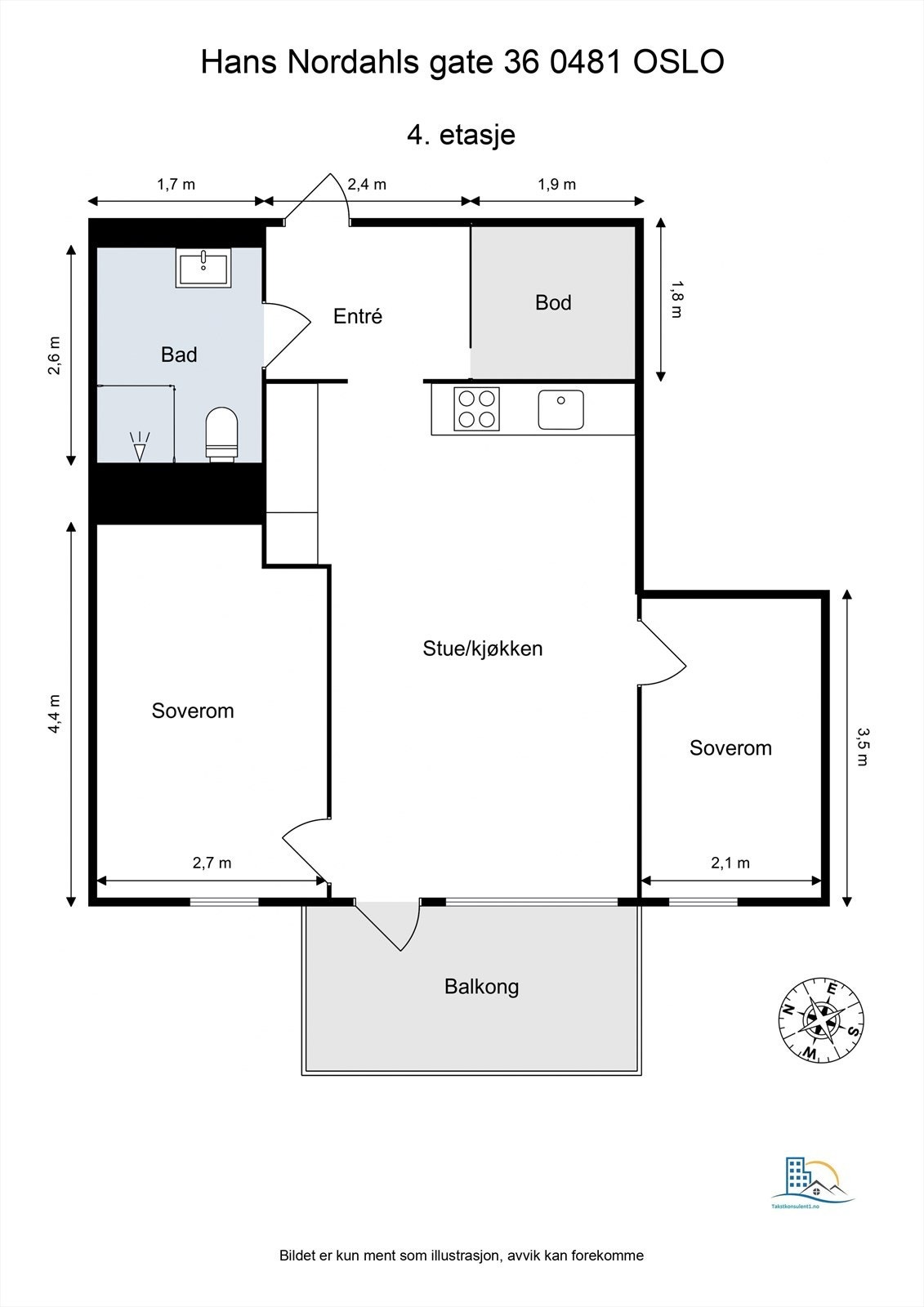 La oss ta en titt på den gode planløsningen! Soverommene ligger i hver sin ende av stuen, noe som gjør at leiligheten også egner seg perfekt som "vennekjøp/søskenkjøp". Galleribilde