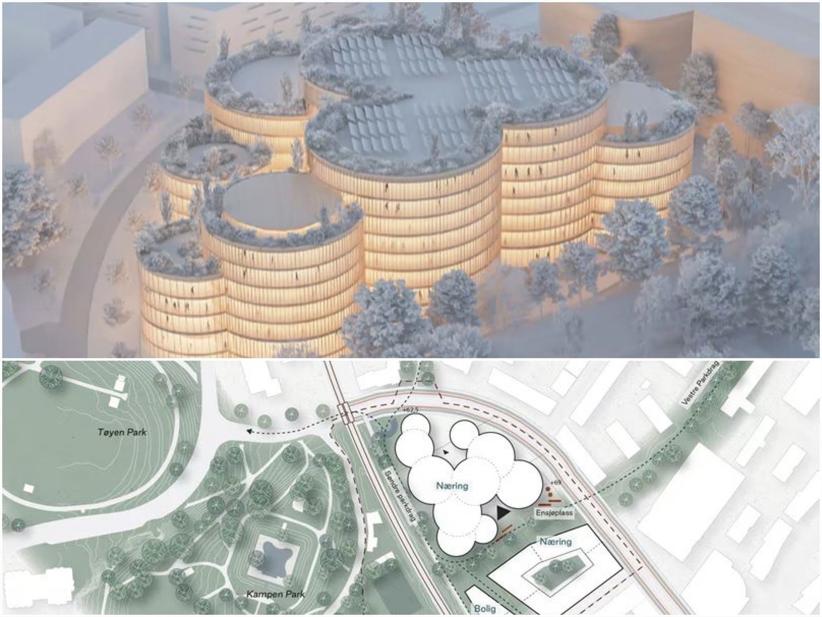 NRKs nye hovedkontor skal bygges over gaten, og konseptet konsentrert er valgt som bygningstype - bildet er i følge NRK kun et illustrasjon, men viser tankene rundt konseptet Galleribilde