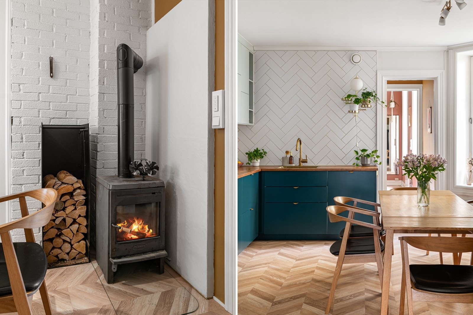 Det er også en peisovn på kjøkkenet. Denne skaper ekstra hygge og stemning når man inviterer venner og famlilie inn til middagsselskap. Galleribilde