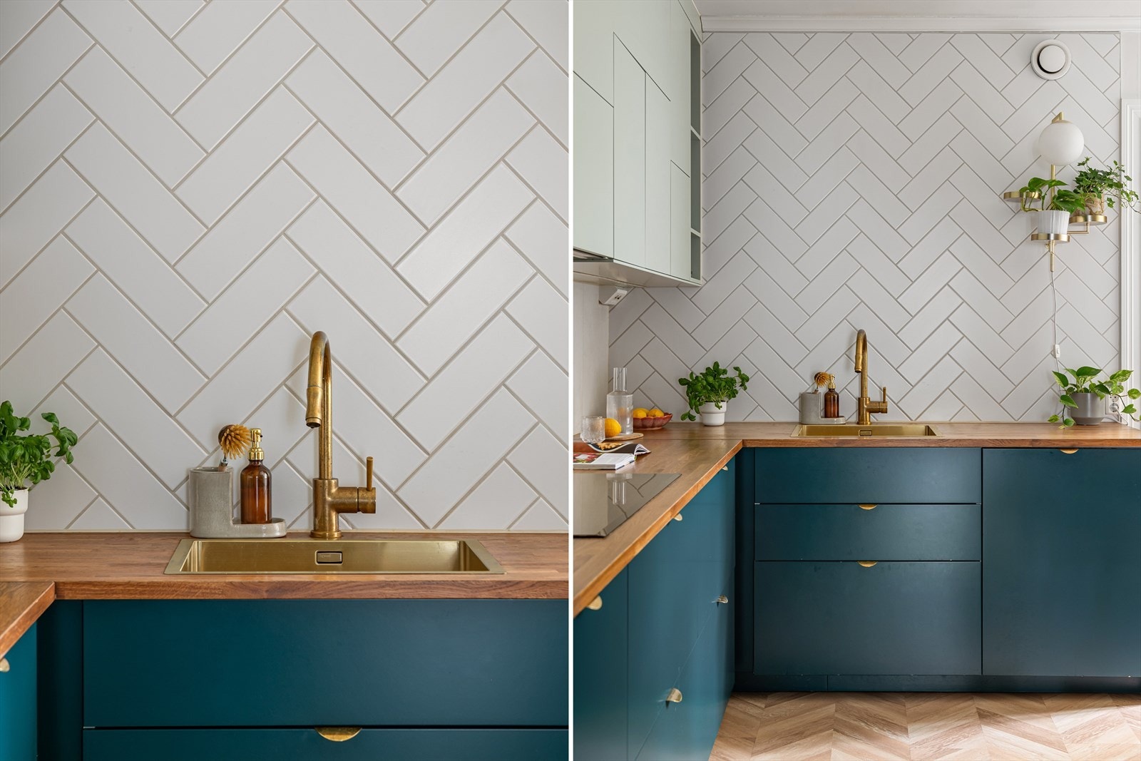 Rommet ble pusset opp i 2019 med en fargerik kjøkkeninnredning fra Superfront og IKEA. Veggflisene i fiskebeinsmønster går helt opp til taket og skaper et svært godt helhetsinntrykk. Galleribilde