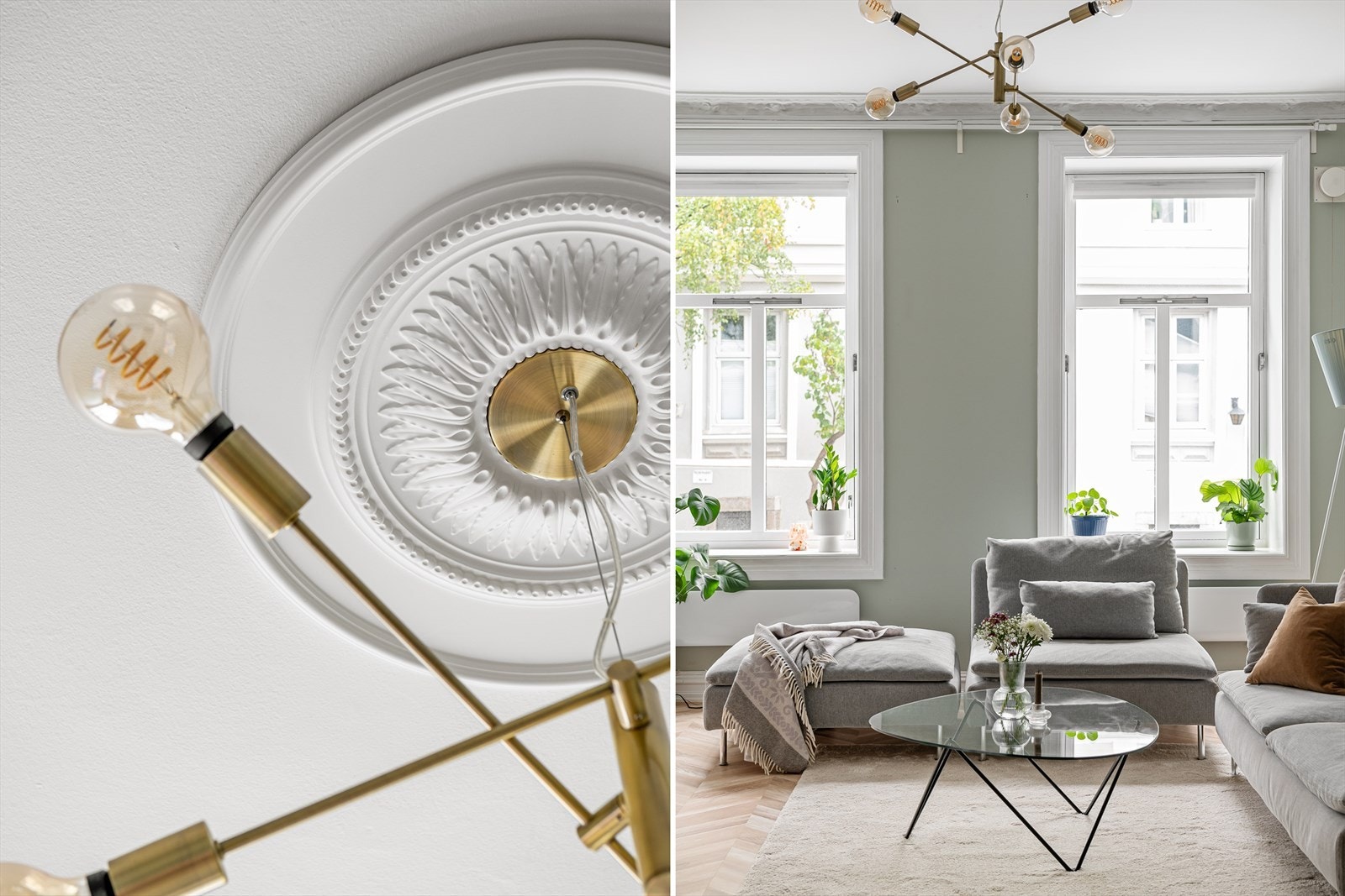 Her har du vakre klassiske detaljer som rosett, original stukkatur og brede vinduskarmer. Takhøyden i stue er målt til 2,76 m. Galleribilde