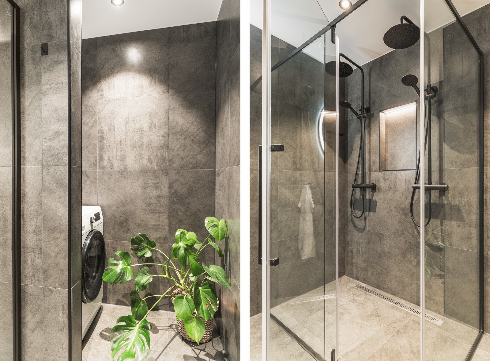 Badet har også en skillevegg mellom dusj og vaskemaskin. Slik får man følelsen av et lite vaskerom. Galleribilde